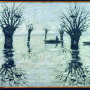 Milan Kečić <br>A willow grove with magpies’ nests and fishermen, 1956 <br>Oil on canvas, 94.5 × 65.5 cm <br>Signed below on the right: MK <br>On the back of the canvas: Milan Kečić Vrbak sa  svračijim gnjezdima i ribarima 56